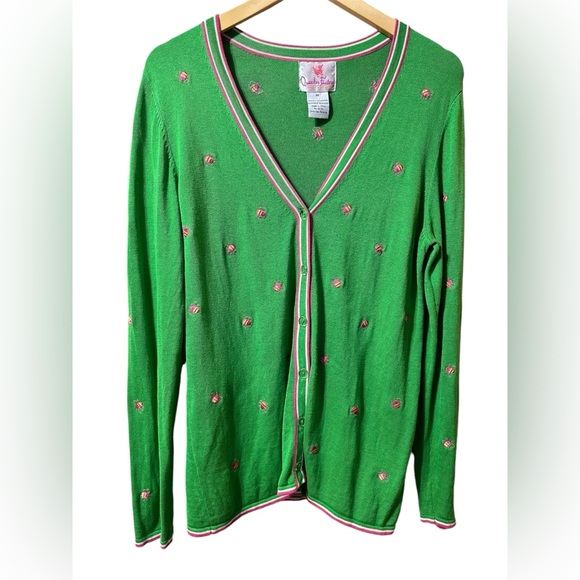 Quaker Factory silk bright green V-neck bumblebee cardigan with pink detail med - Picture 4 of 16